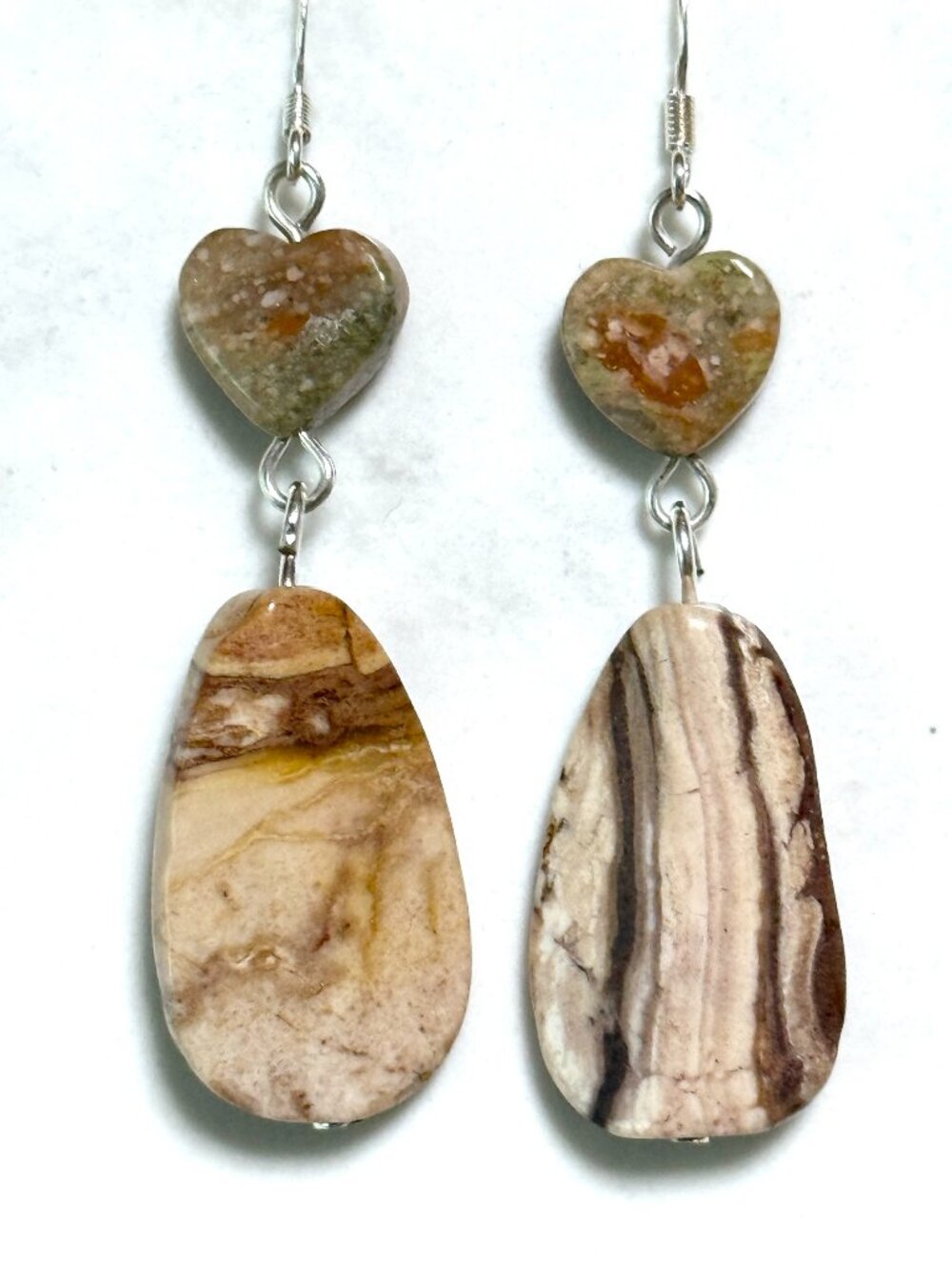 2/$20,Zebra Jasper Unakite Stone Heart Earrings, Gemstone & Sterling Silver Hook